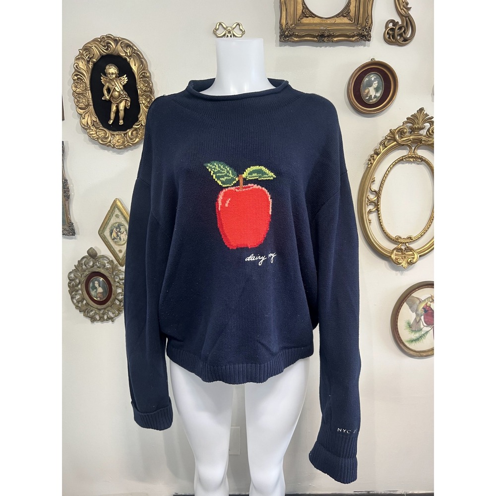 Dairy Boy NYC 25 Navy Apple Knit Sweater Size XL